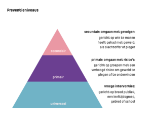Dit is een afbeelding van een piramide bestaande uit 3 lagen. Onderin staat universeel. Daarboven primair en in de top secundair.