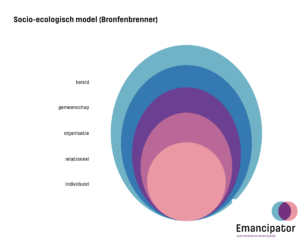 Dit is een afbeelding met een ui-model. De binnenste laag en eerste laag heet individueel. Daarna komt de laag relationeel. Vervolgens organisatie gevolgd door gemeenschap. En tot slot beleid.