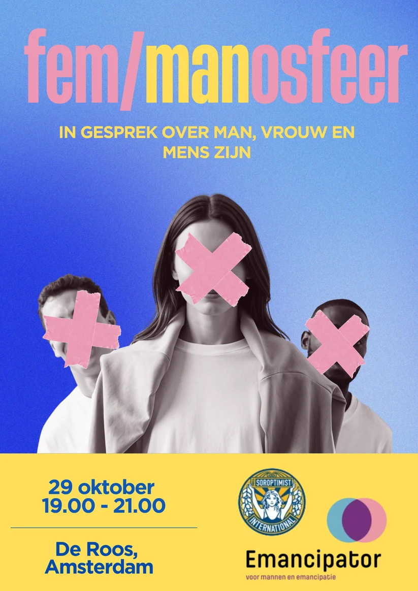 Poster van fem/manosfeer: in gesprek over man, vrouw en mens zijn. Dit vindt plaats op 29 oktober van 19:00 tot 21:00 in De Roos, Amsterdam.